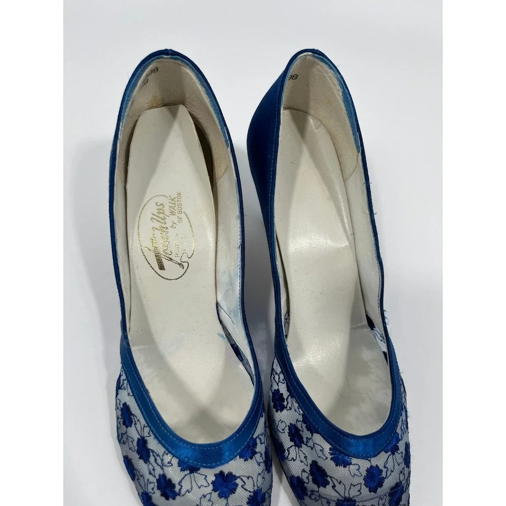 Vintage Womens 10 Heels Blue Mesh Sheer Floral Wedding Guest Chic Quiet Luxury